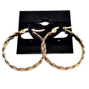 1 1/8 Inch 31mm Braided Hoop Pierced Post Earrings Gold Tone 3mm Wide Band